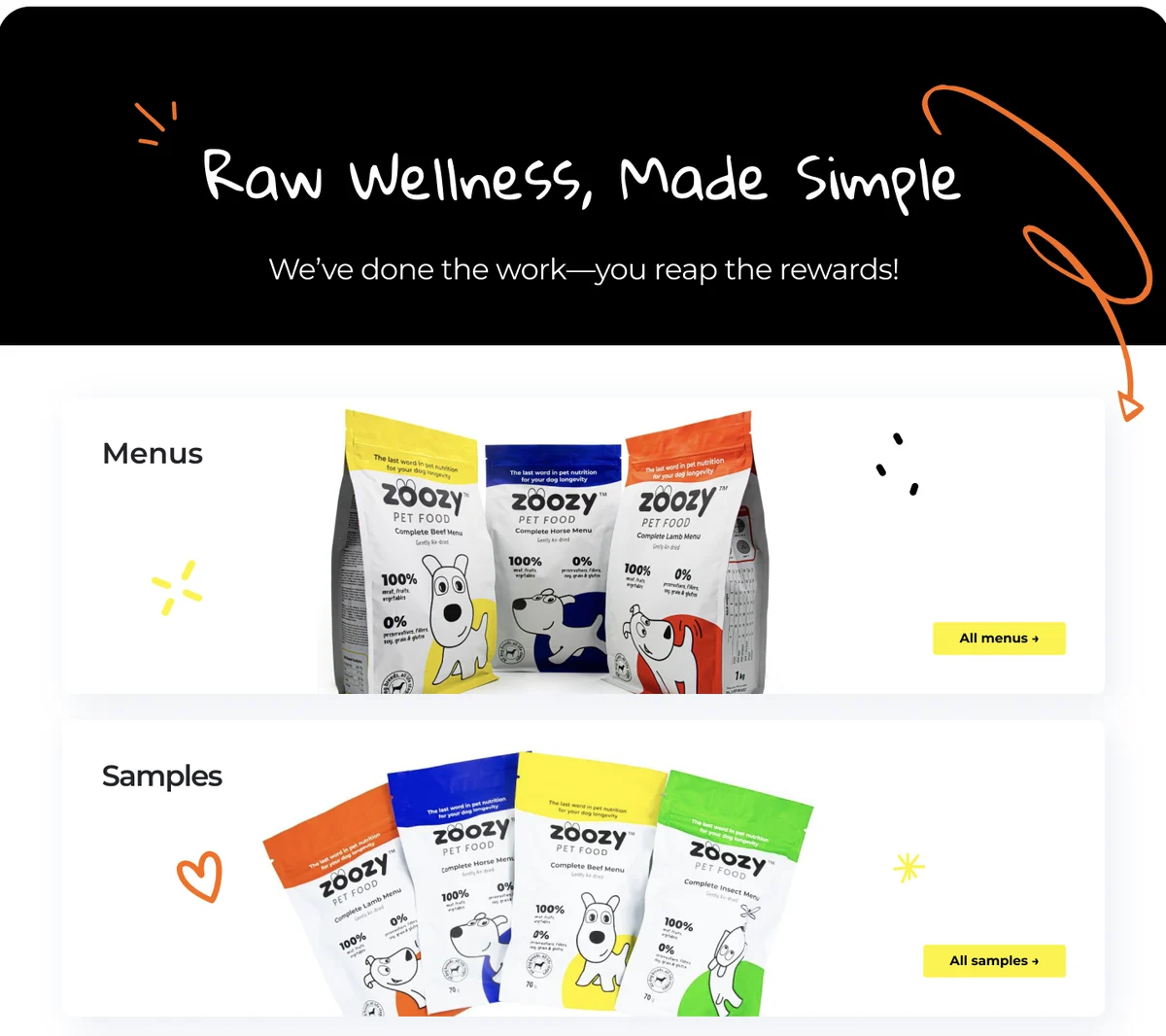 Сайт Zoozy Pet Food: меню й пробники