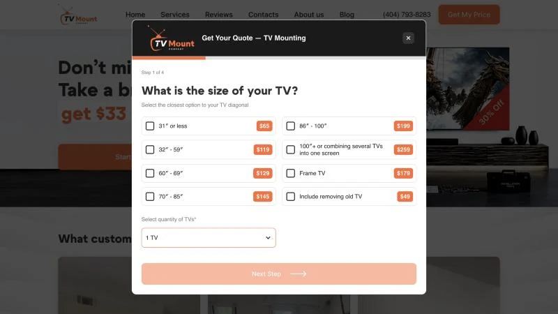 Сайт TV Mount Company: квиз-калькулятор цены