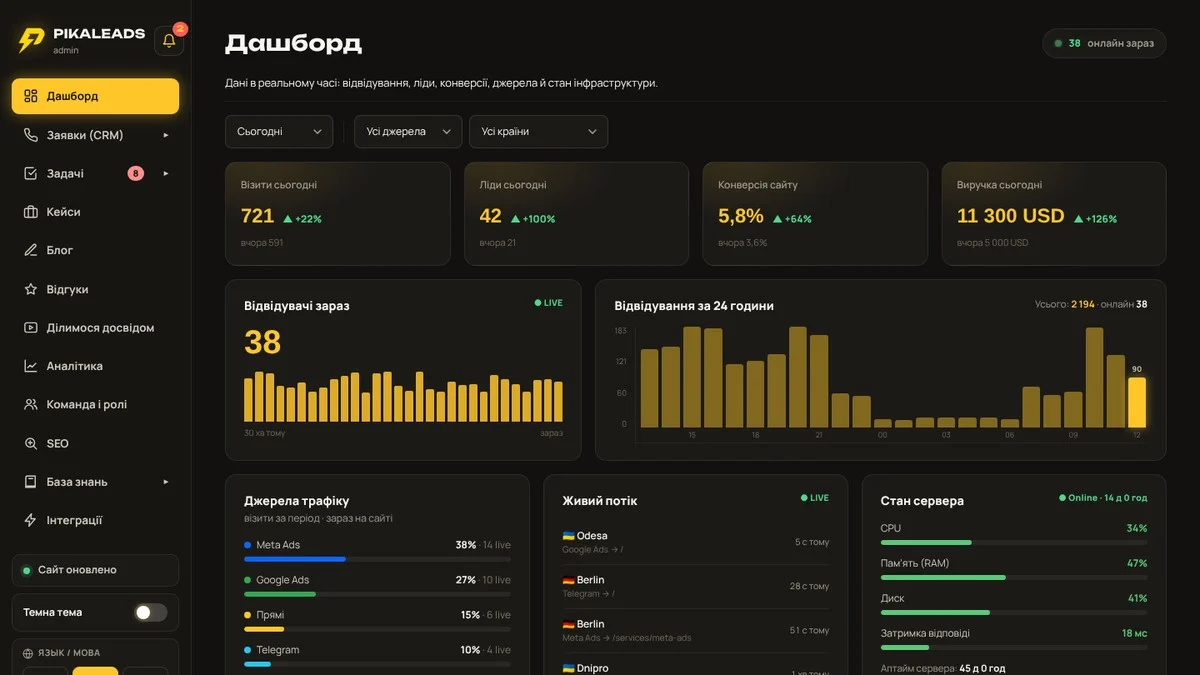 Pika Leads website: panel dashboard